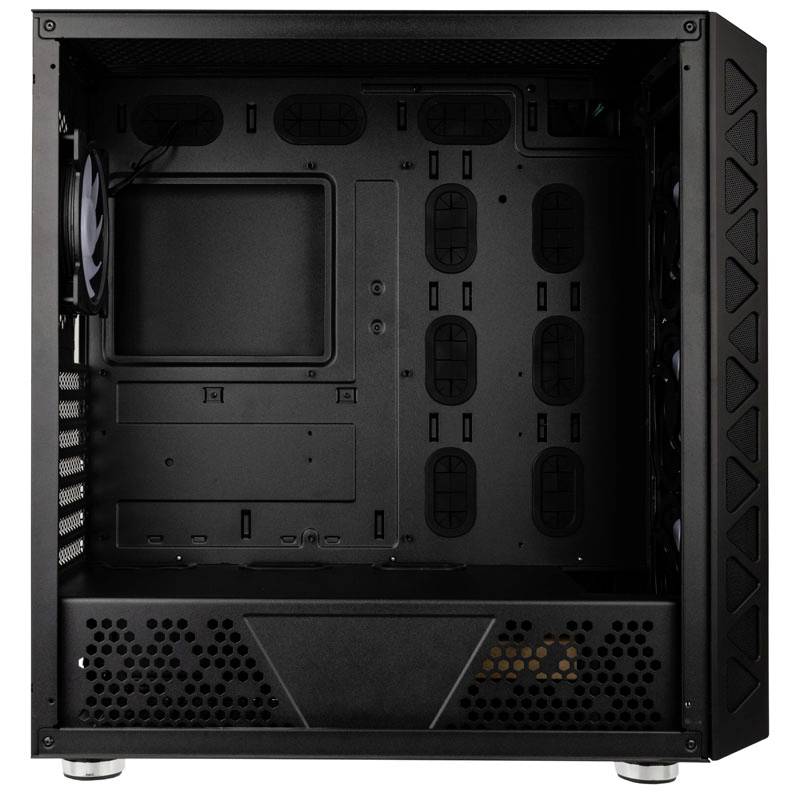 Black, empty computer case with side fan and multiple drive bays, suitable for installing PC components.