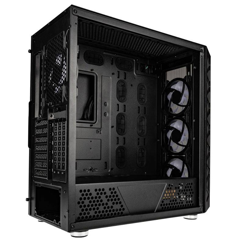 Black computer case with side openings, three built-in fans at the front, and multiple expansion card slots.