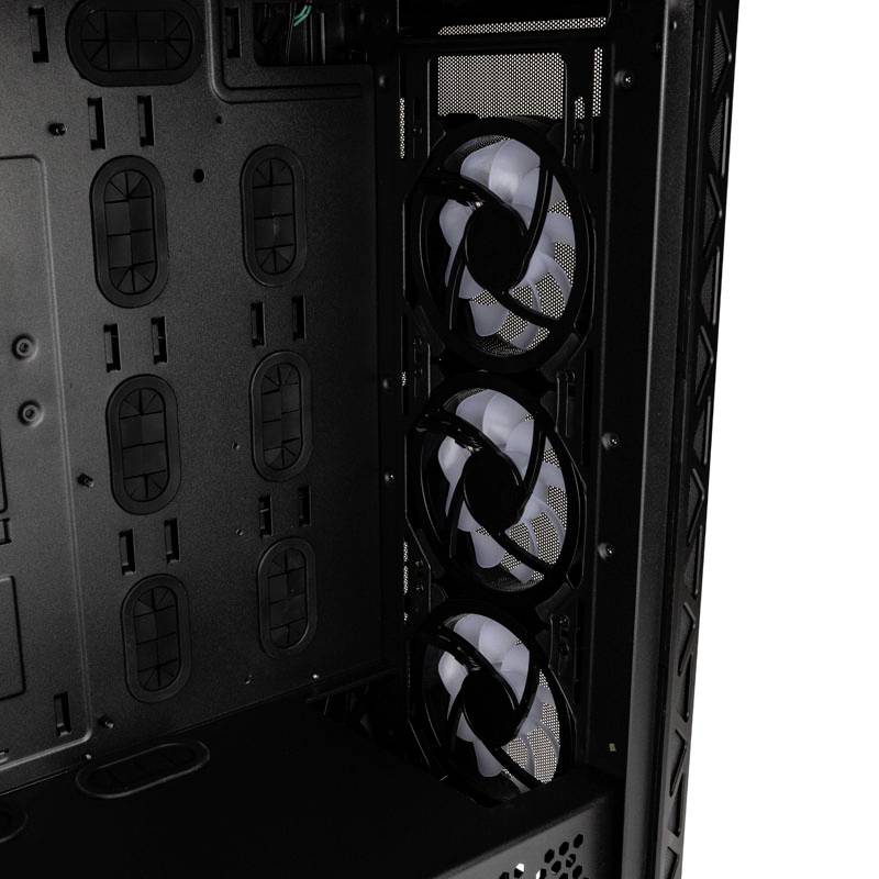 The image shows the interior of a computer case with three mounted fans on the right-hand side.