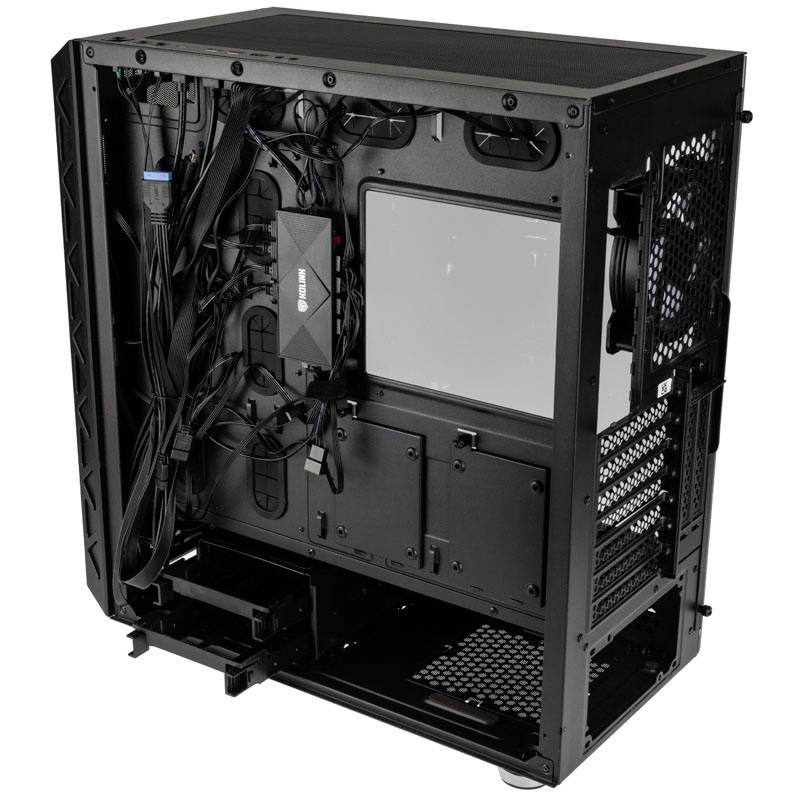 An open black computer case reveals internal cable routing, expandable slots, and a space for the motherboard.