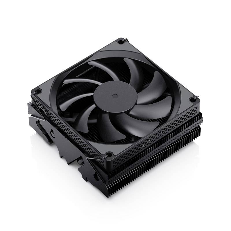 A black CPU cooler with a fan and heatsink, designed for heat dissipation within a computer case.