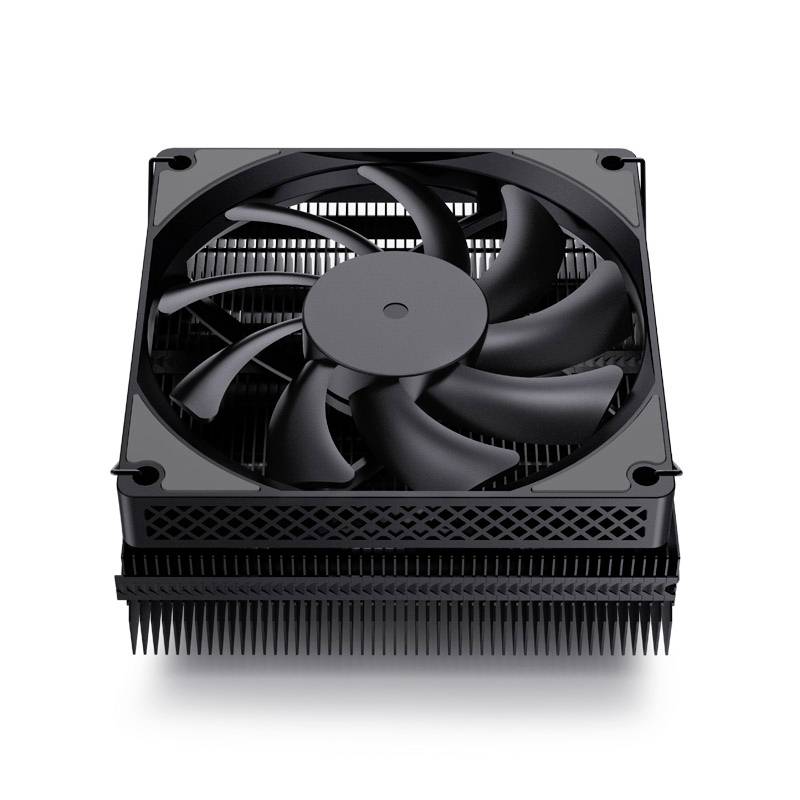 A large black computer heatsink with a fan and heat fins. Designed for heat dissipation from electronic components.