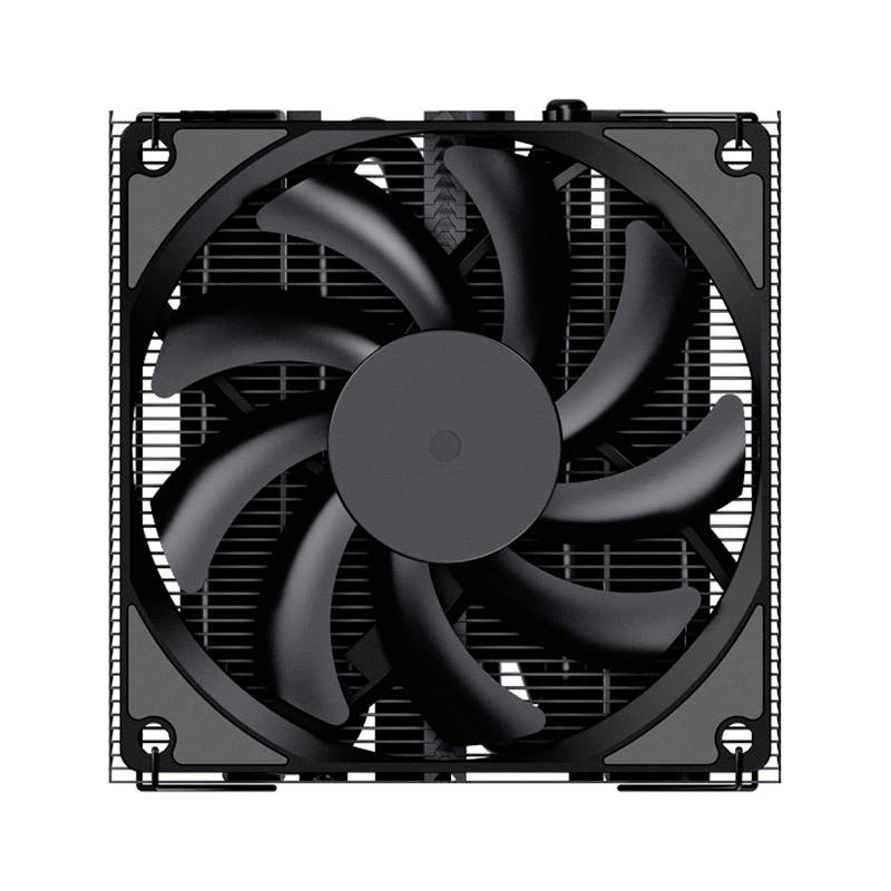 A square black computer fan with nine curved blades, mounted in a black frame, viewed from above.