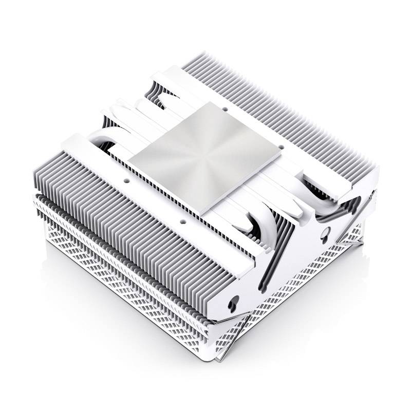 A silver CPU cooler with multiple cooling fins and heat pipes for effective heat dissipation. Ideal for computer hardware.