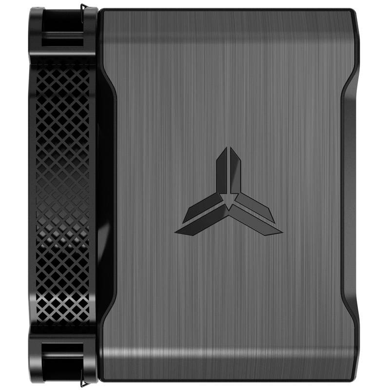 A square, metallic device with ventilation slots on the side. A geometric logo is located in the centre.