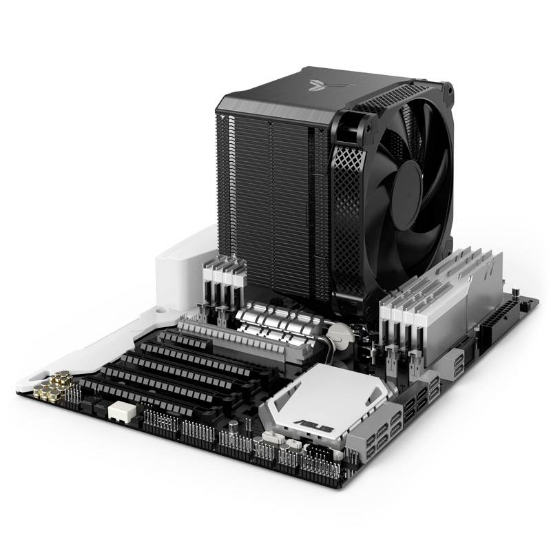 A computer motherboard with a large CPU cooler and fan, multiple RAM slots, and various expansion connectors.
