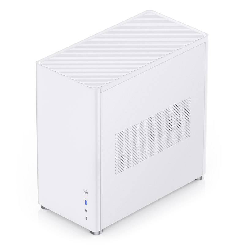A plain, white PC tower case with side ventilation slots, suitable for minimalist computer setups.