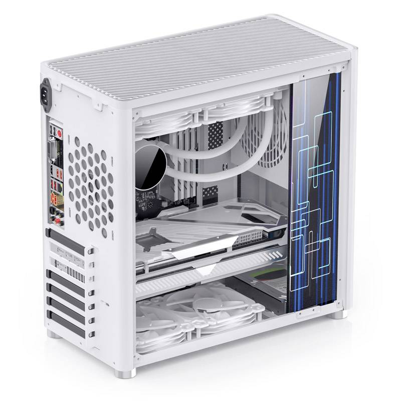 White computer case with transparent side panel, showing internal hardware such as fans, coolers, and cable management.