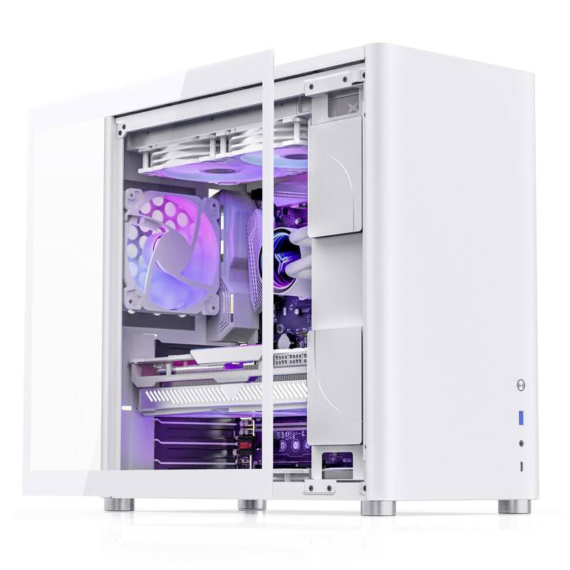 A white computer tower case with a transparent side panel reveals an internally illuminated fan and hardware configuration.