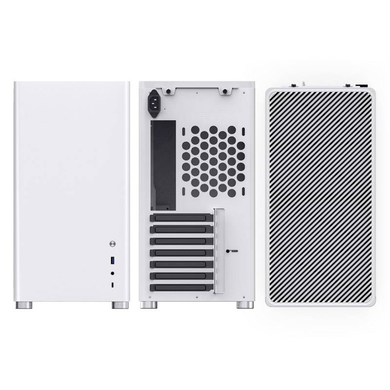 A white PC case with removable side panels and ventilation grilles, shown from various perspectives.