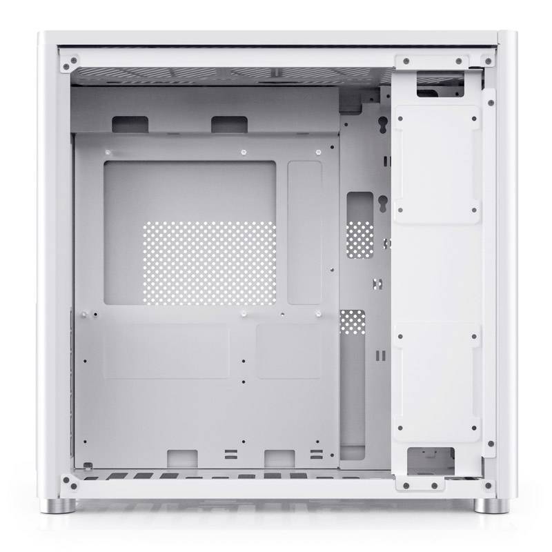 A blank, white PC case with space for a motherboard and other components, showing an interior view without installed hardware.