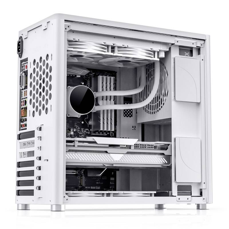 A white, open, empty computer case with visible fans and cable channels, ready for component installation.