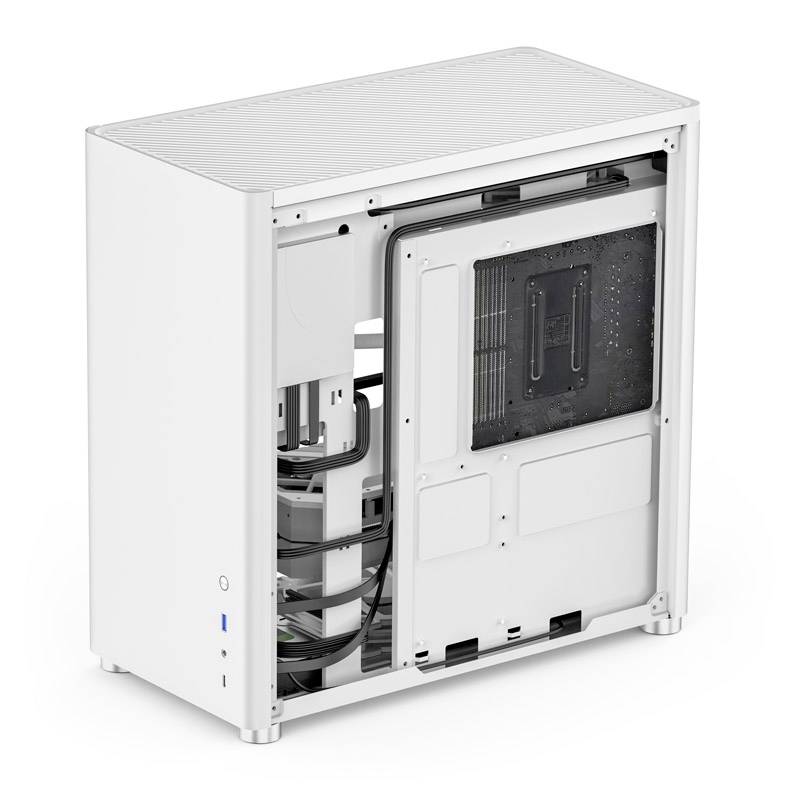 A PC case with an open side panel reveals its inner workings. Visible are the fan and the cables connecting the motherboard.