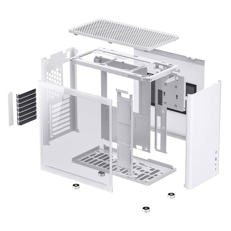 Exploded diagram of a computer case. Individual components are shown in a floating position, including side panels and frame.