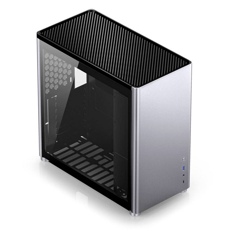 Metal and glass PC case with modern design and visible interior; vertical and horizontal ventilation slots.