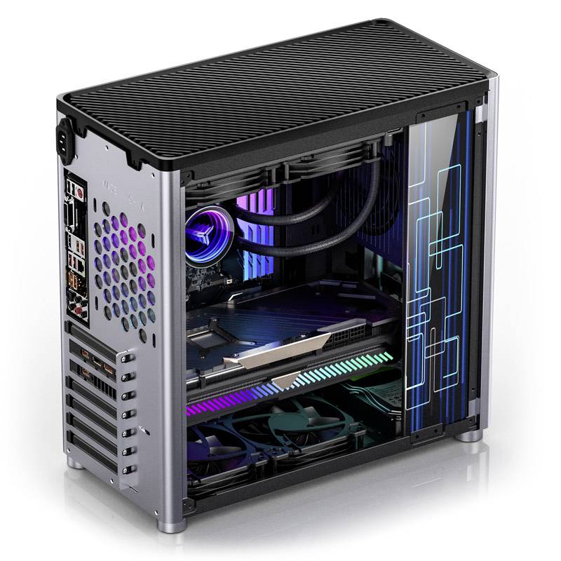 A gaming PC with an open design, featuring RGB lighting, with visible motherboard, graphics card, and fans. The side panel is made of glass.