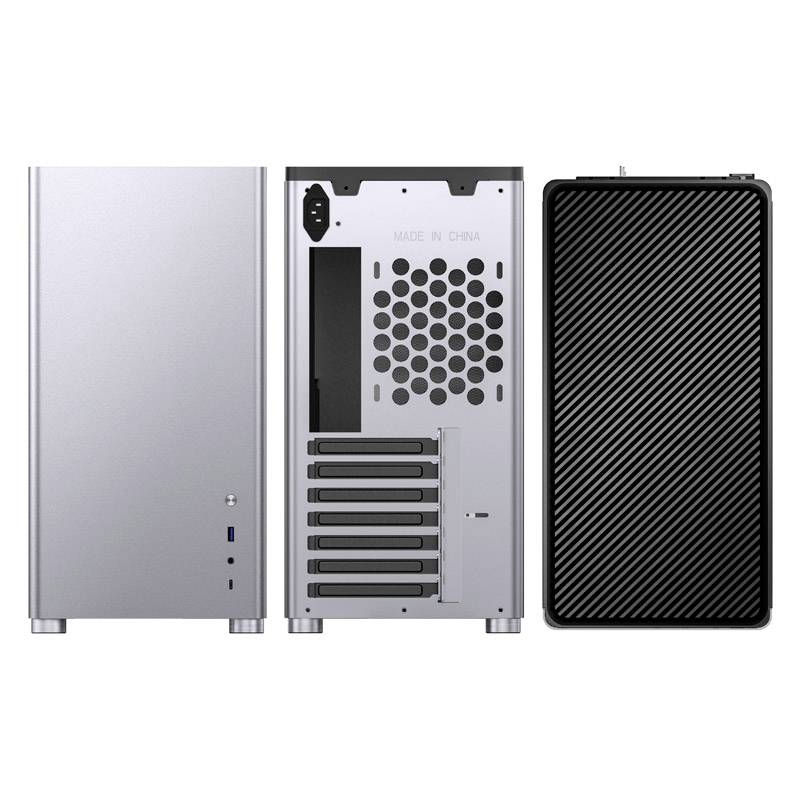 A three-part computer case showing front, rear, and side views. Modern design with USB ports on the front panel.