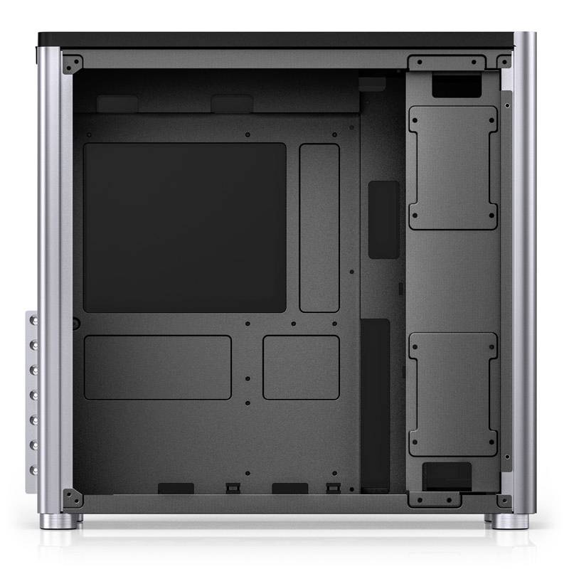 A silver-coloured computer case, without installed components, reveals its interior with multiple mounting spaces for hardware.