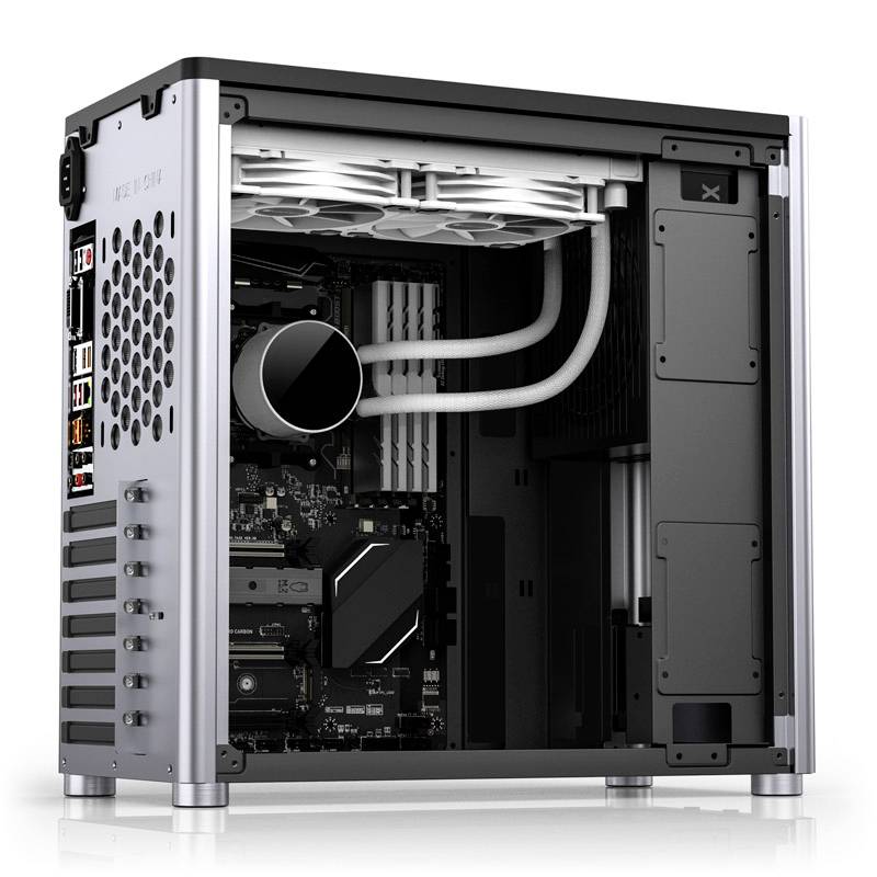 An open computer case reveals a modern cooling system with liquid cooling tubes and a view of the motherboard and other components.
