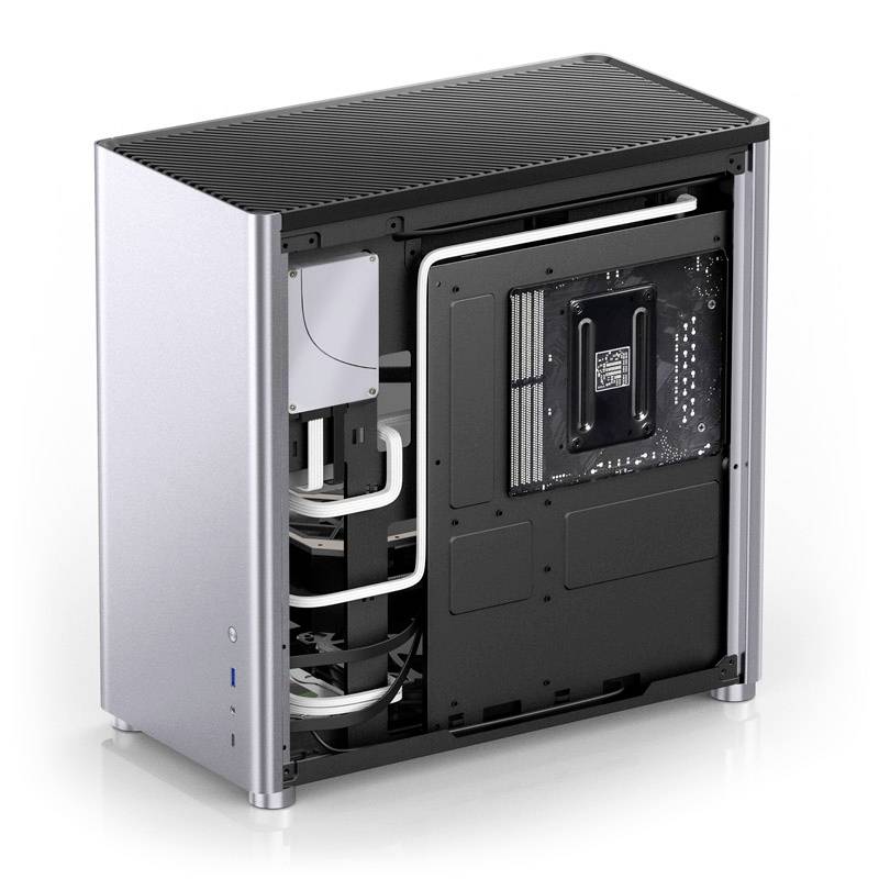 Computer case with an open side panel, revealing internal components and cable management; suitable for PC build enthusiasts.