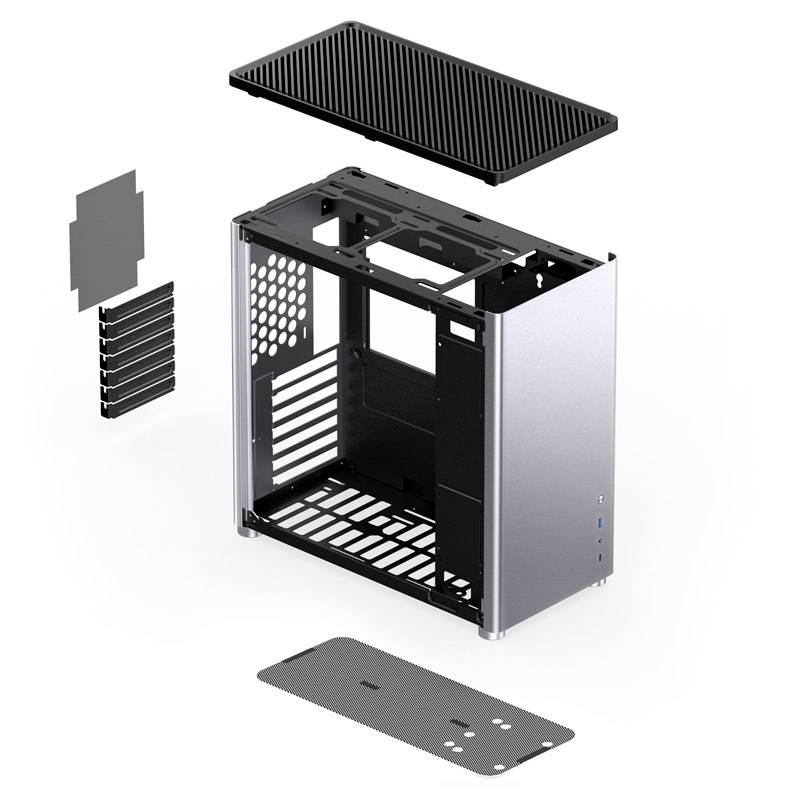 PC case in individual components: main body, case lid, front panel, side panels, and grilles. All parts appear modular.