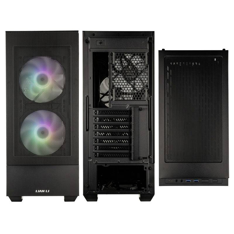 Three views of a black computer case. Front side with two large fans, rear side with open slots, top side with ventilation slots and ports.