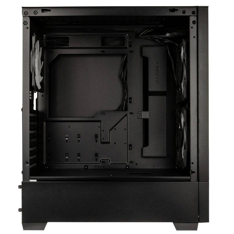 An empty, open PC case with space for a motherboard and internal components, with visible cable management structure.