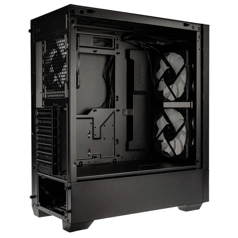 Black computer case open, revealing space for the motherboard, two large fans for cooling, and a cable management system.