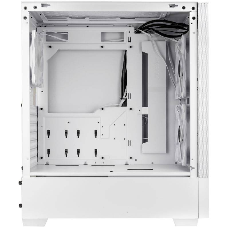 A blank, white computer case with multiple fan locations and internal cables, ready for component installation.