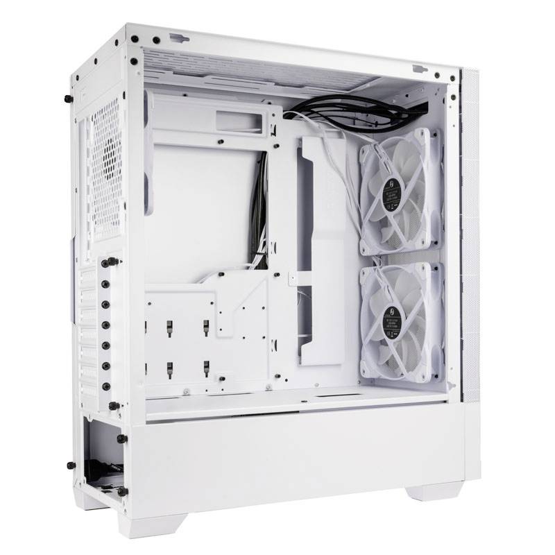 White PC case with open side panel; shows the interior with fans and cable management. Suitable for computer components.
