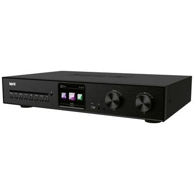A black audio amplifier with a display and two large rotary controls. Several buttons are lined up on the left side.