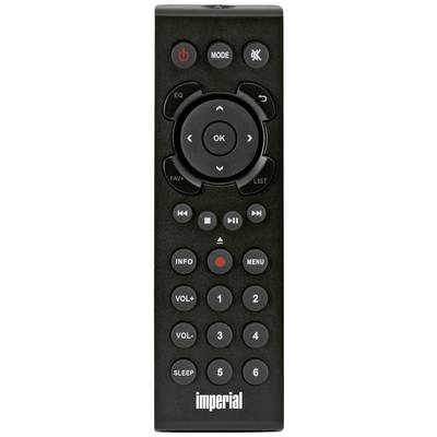 A black remote control with buttons for volume, channels, and settings. The 'imperial' logo is visible at the bottom edge.