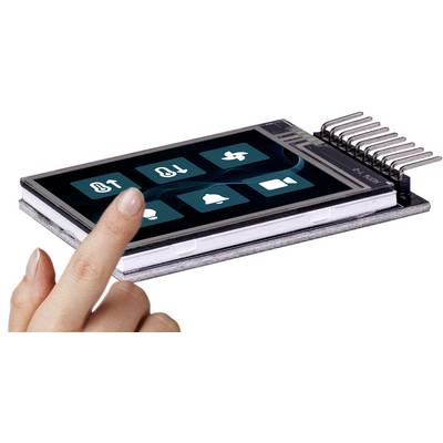 A hand touches a touchscreen with symbols for a lamp, fan, video, and bell. The screen is for controlling electronic devices.