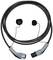 An electric vehicle charging cable is positioned to resemble a smiling face, with the plugs as eyes and the cable forming the mouth.