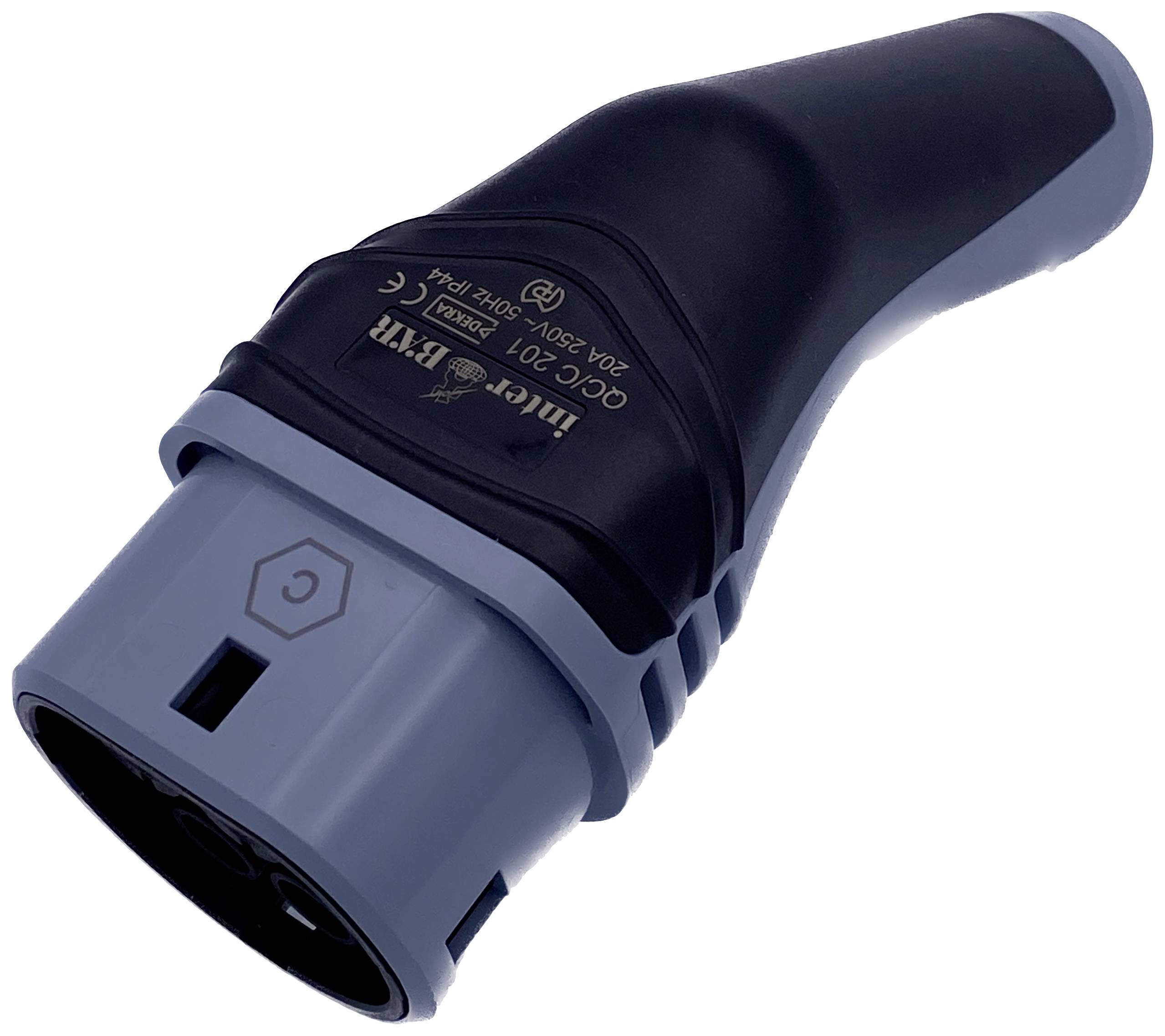 A black and grey electrical connector with CE marking and technical specifications, suitable for charging systems.