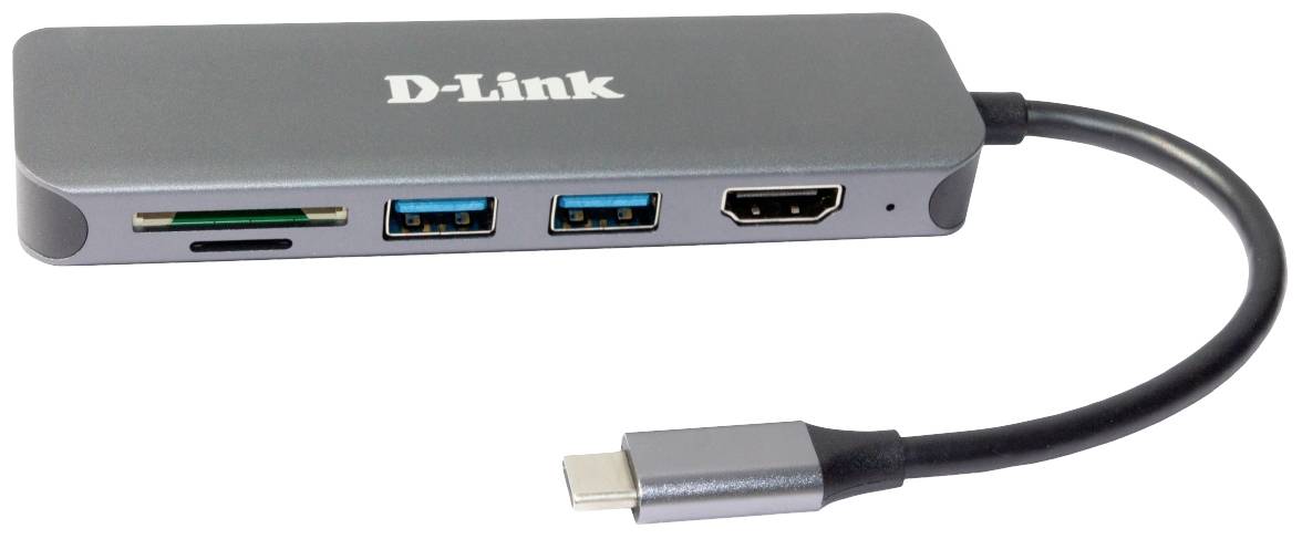 A grey D-Link USB-C hub with slots for an SD card, two USBs, and HDMI. Demonstrates the versatility of device connectivity options.