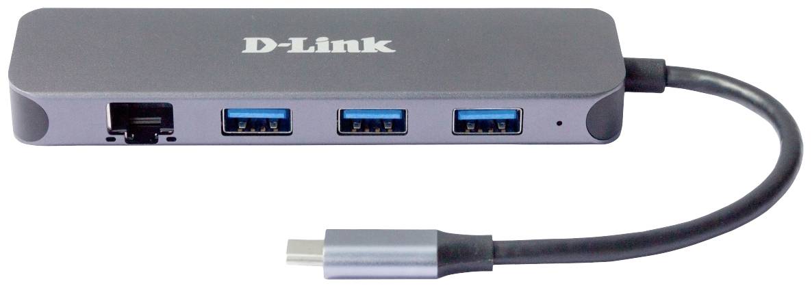 A D-Link USB-C hub with an Ethernet port, three USB 3.0 ports and an integrated USB-C cable. Perfect for expanding connection options on laptops.