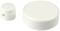 Two white, round plastic lids of different sizes are standing side by side on a neutral background.
