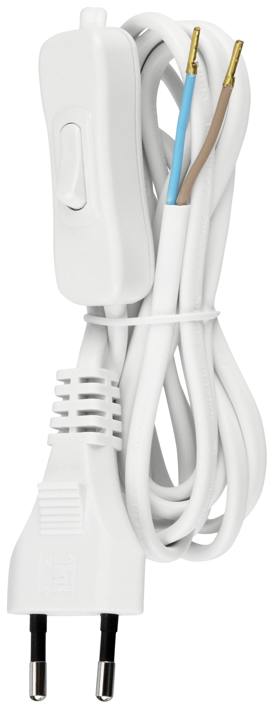 A white power cable with a switch, terminating in two stripped wires. An adapted EU plug is visible.