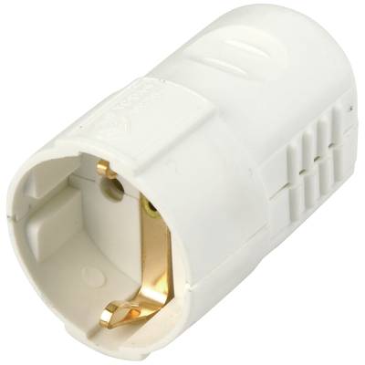 White electric socket with a golden earthing pin in the centre. Suitable for use in European plug sockets.