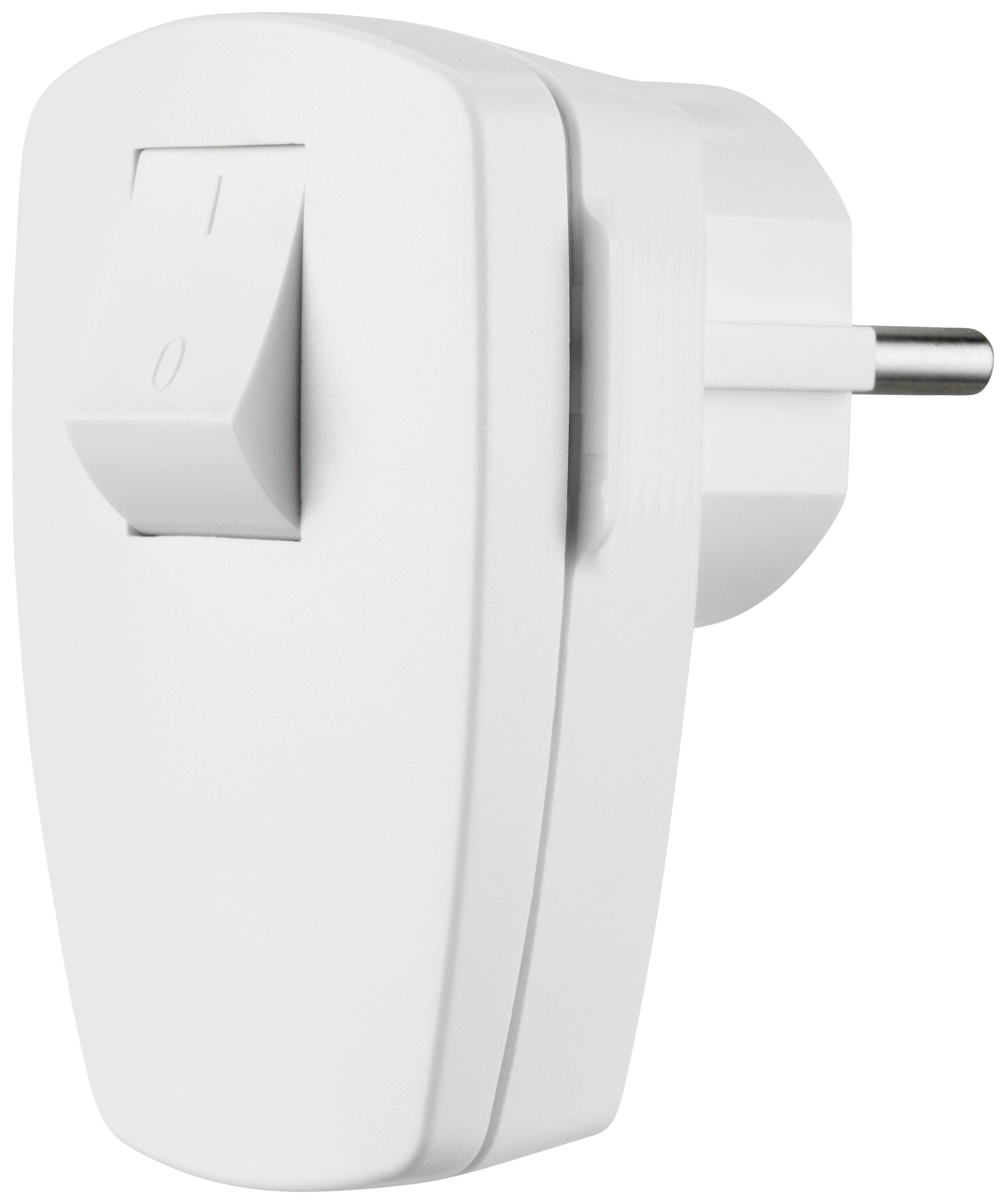 White socket intermediate adapters with toggle switch and European plug, for controlling electrical devices.