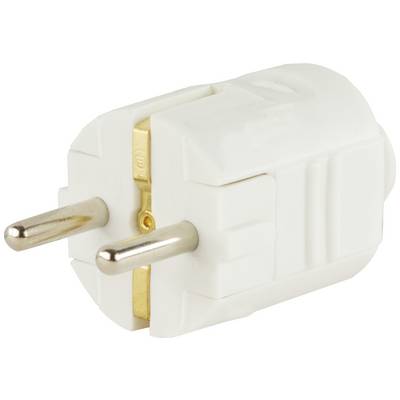 A white European two-pin plug, viewed from the side. It is used for connecting electrical devices.
