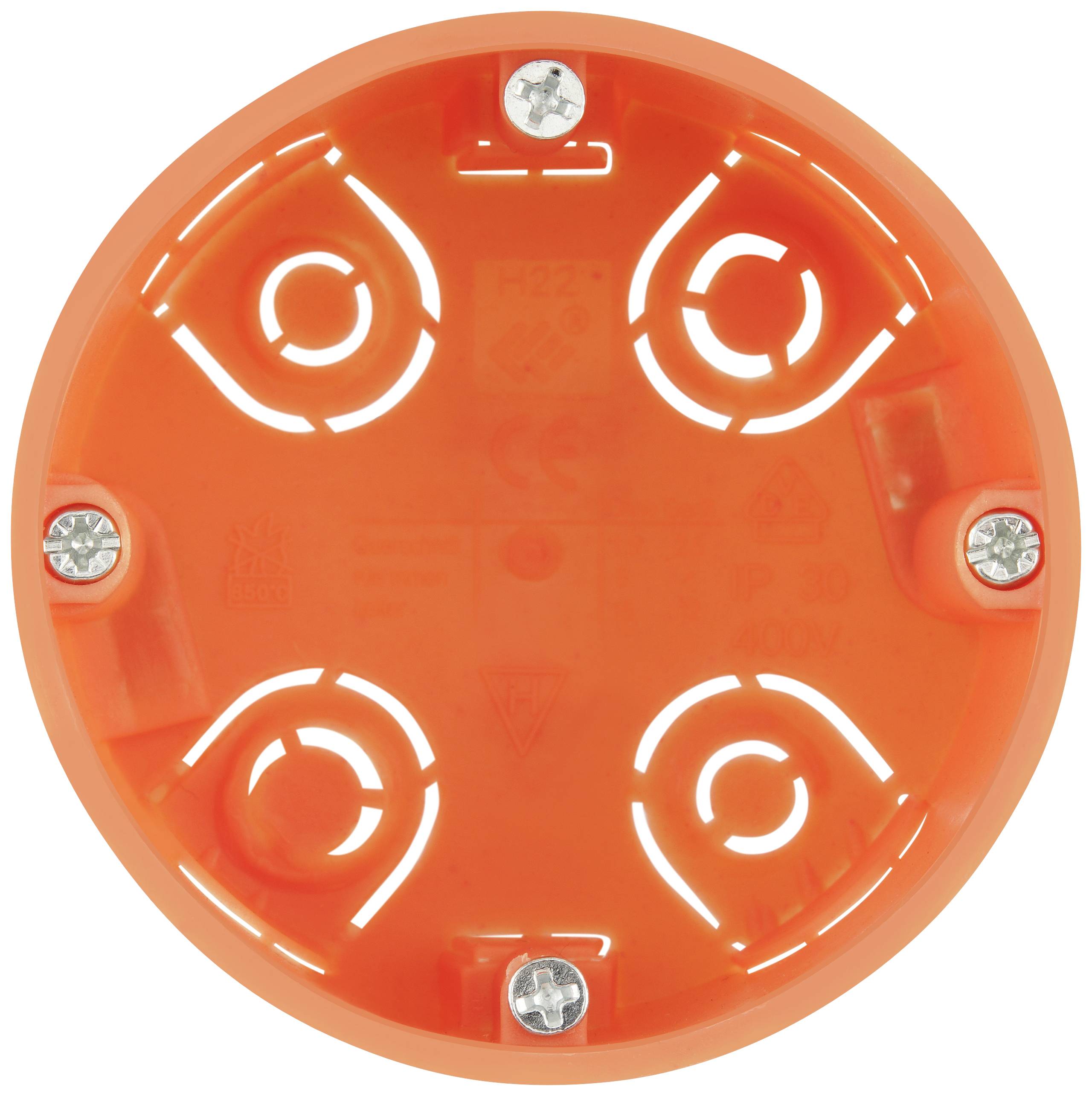 Round, orange plastic mounting bracket with four screws; presumably part of an electrical junction box.