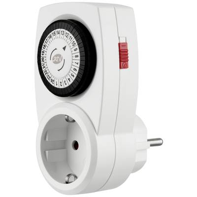 White time switch with rotary dial for time setting and a power socket, side view with red switch.