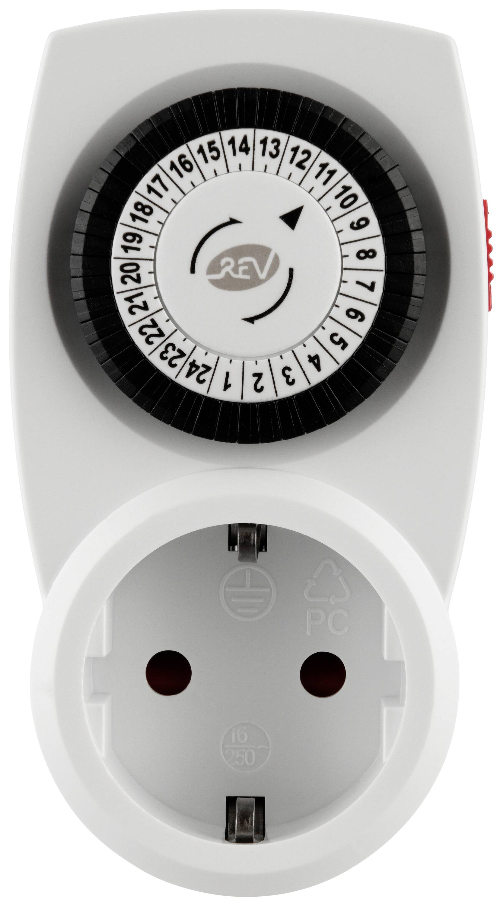 A manual analogue timer with a 24-hour dial for setting switch-on and switch-off times for electrical appliances.