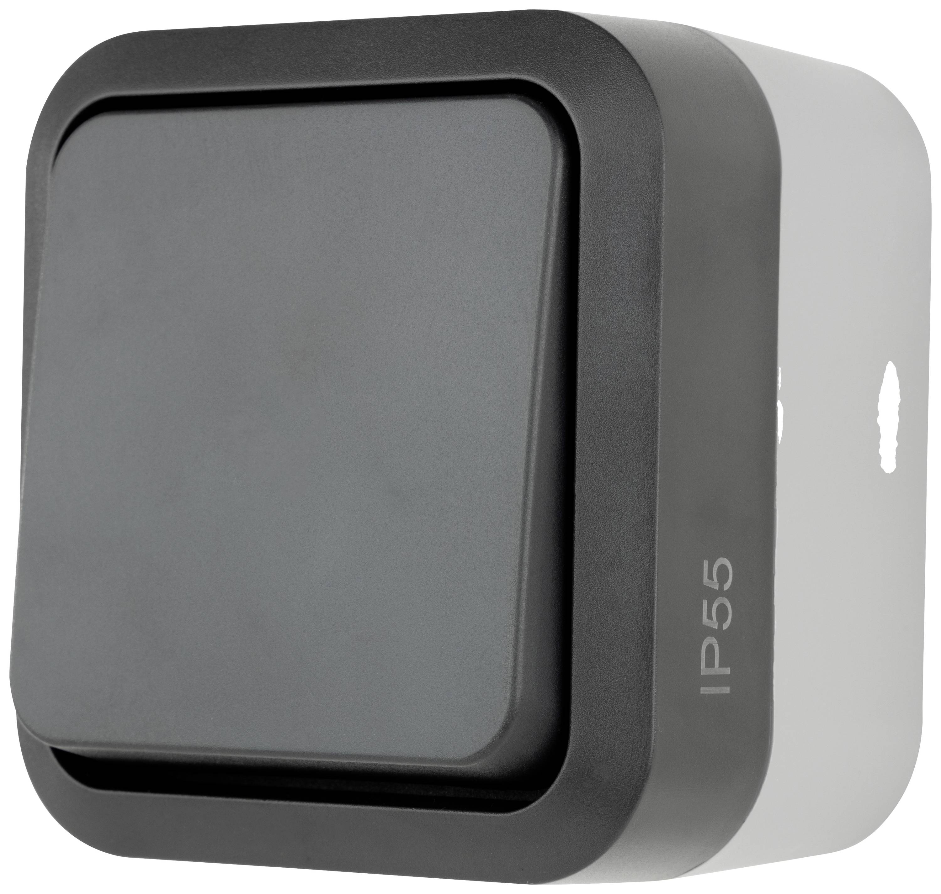 Grey square wall switch with a black border, IP55 rating marked on the side, suitable for outdoor use.