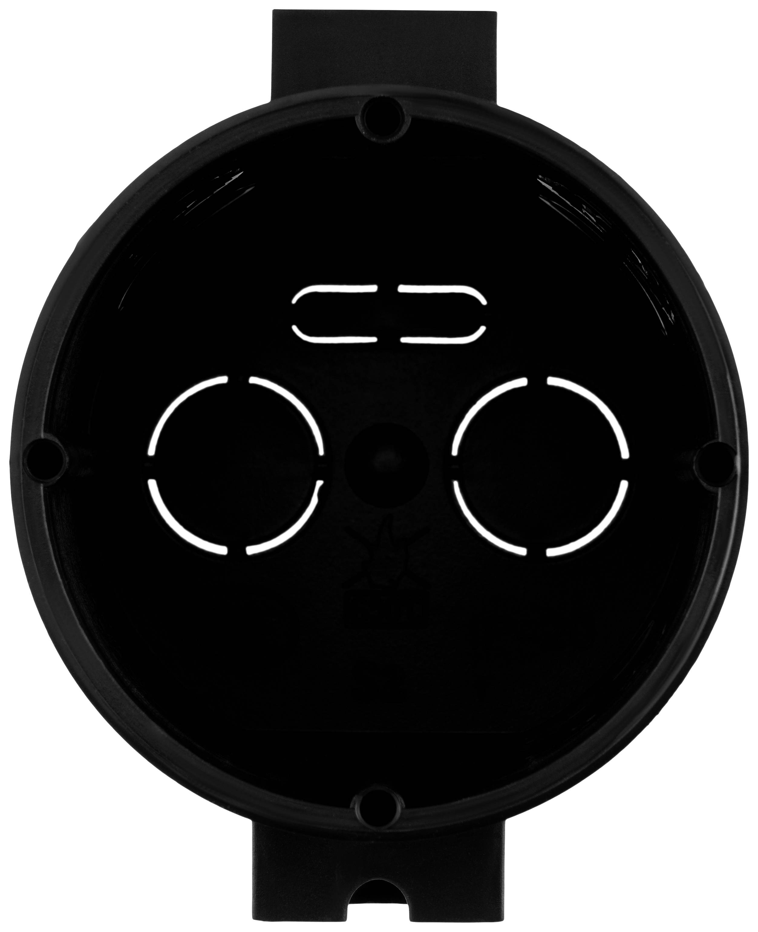 Black round electrical socket box with multiple openings for cable entry.