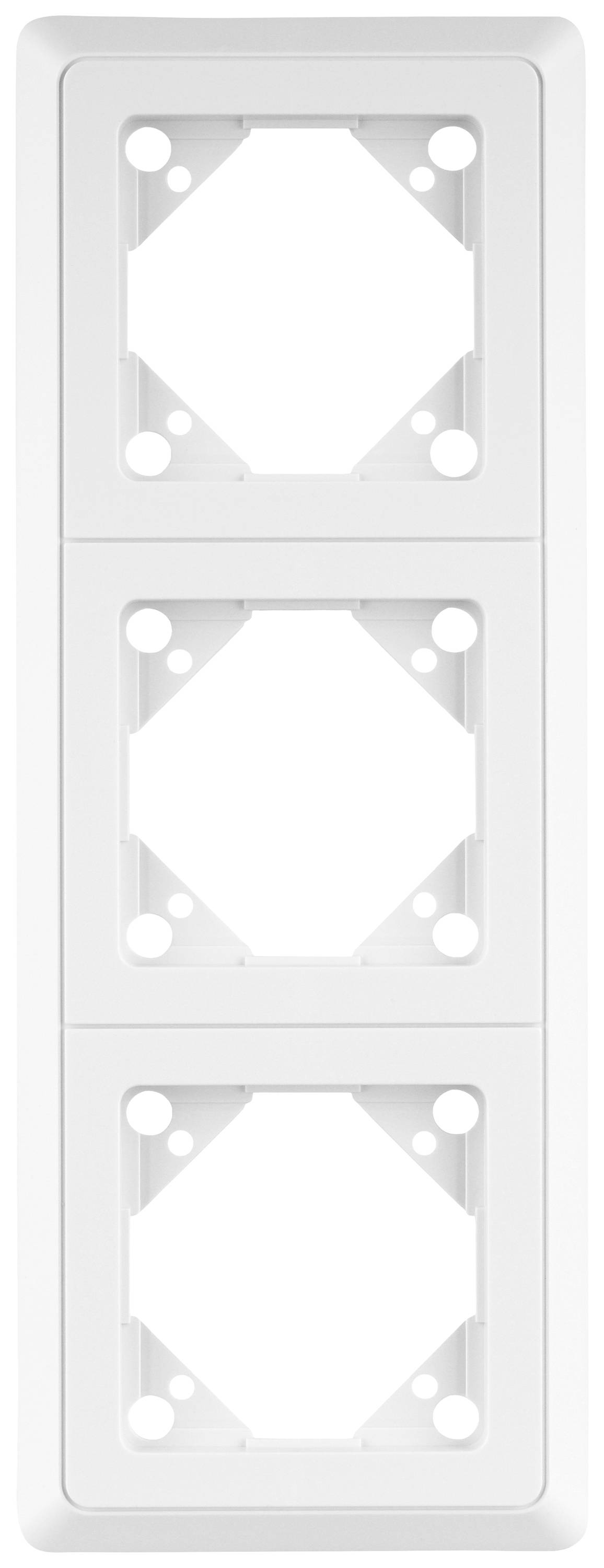 Triple, rectangular white frame for flush-mounted switches or sockets in vertical arrangement.