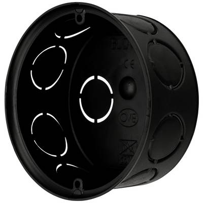 Black round hollow wall box with multiple openings, suitable for electrical installations in plasterboard walls.