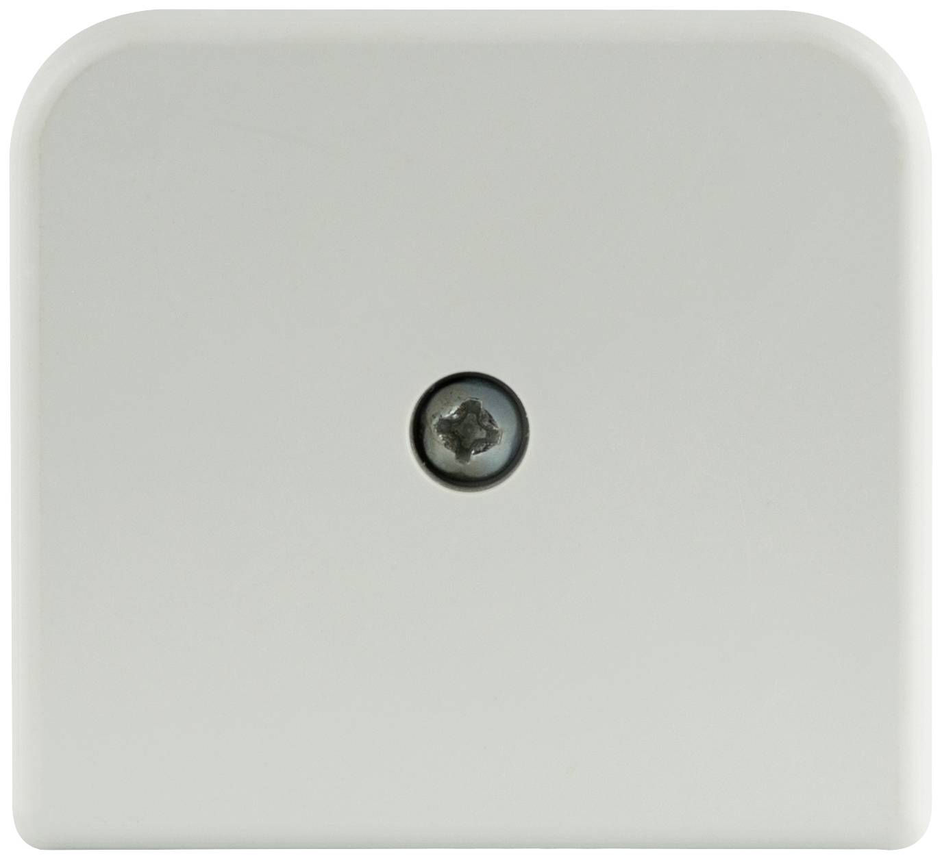 White, square cover with rounded corners and a central screw.